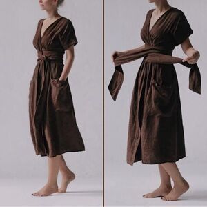 Brown wrap dress with pockets.